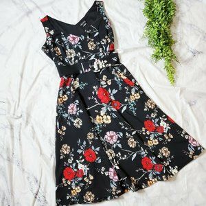City Chic Black Climbing Floral V-Neck Fit & Flare Tea Length Midi Dress XS 14